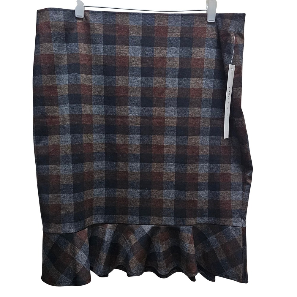 Carole Wren Large Brown Blue Gray Plaid Checkered‎ Midi Pencil Ruffled Hem Skirt